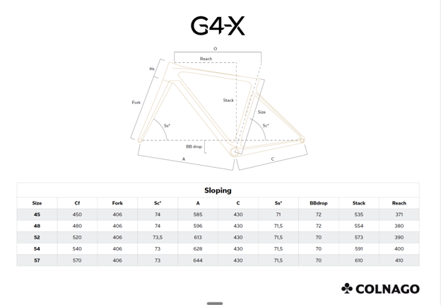 Colnago G4-X 2026 geometry chart