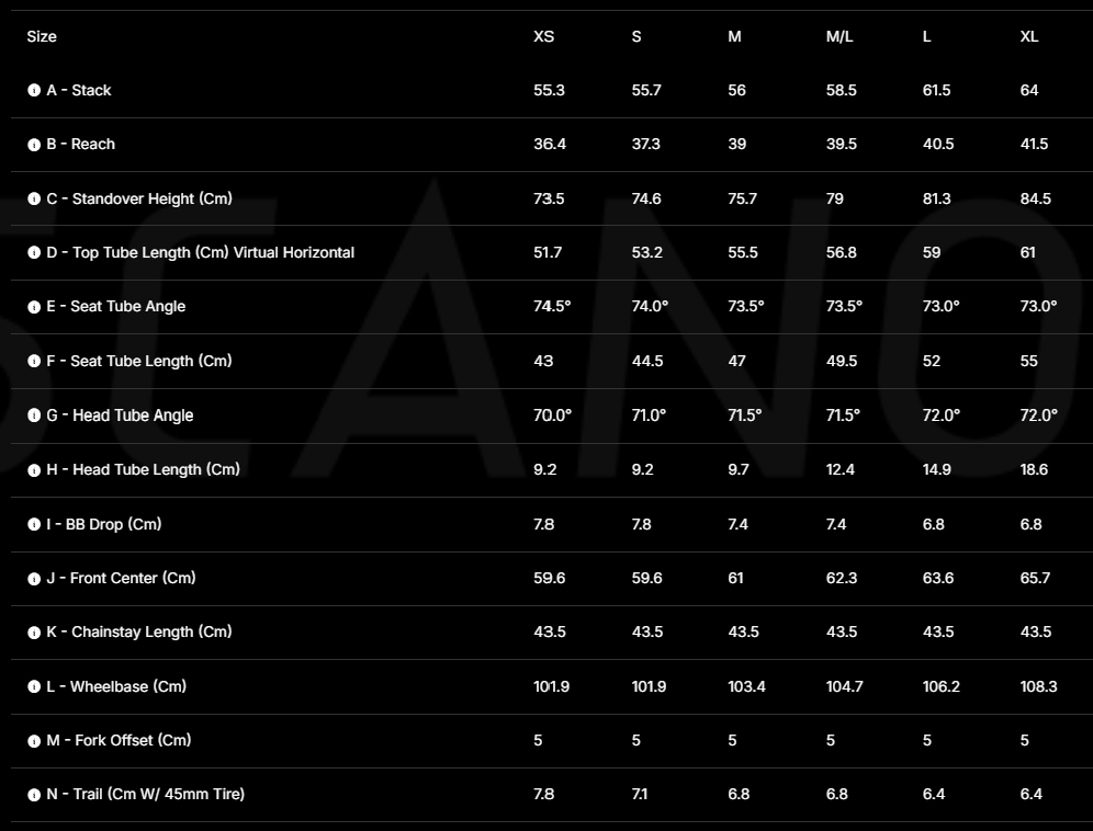 Litespeed Toscano 2026 geometry chart