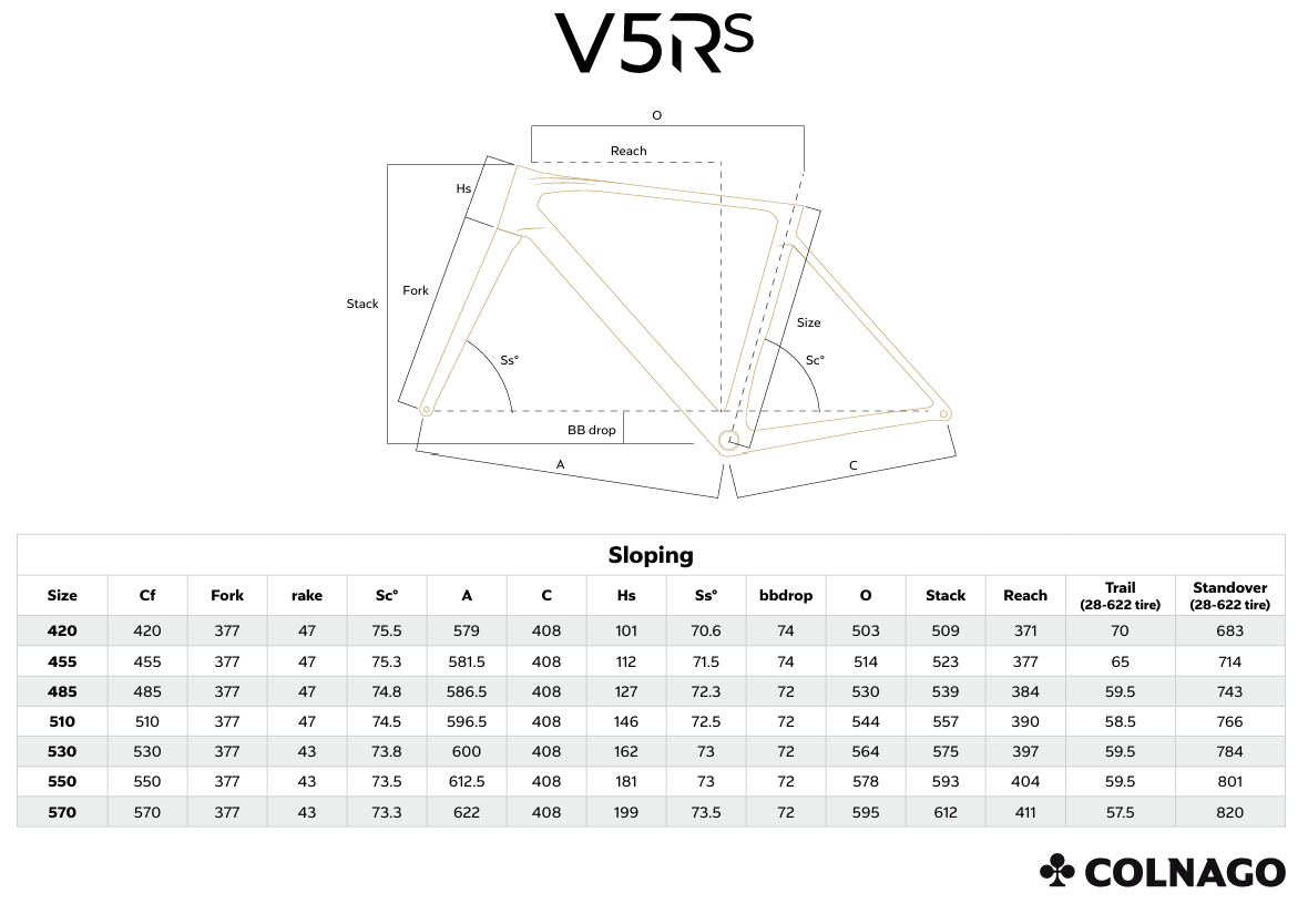 Colnago V5Rs 2026 geometry chart
