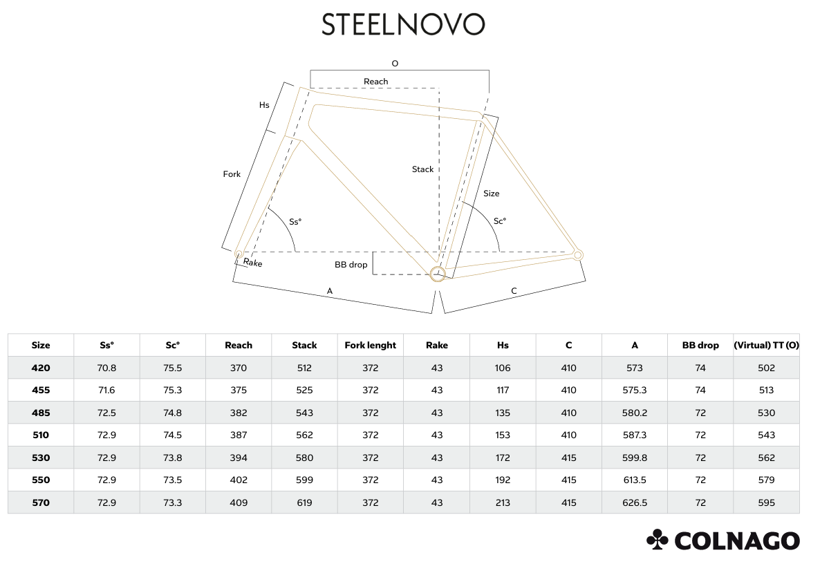 Colnago Steelnovo 2026 geometry chart