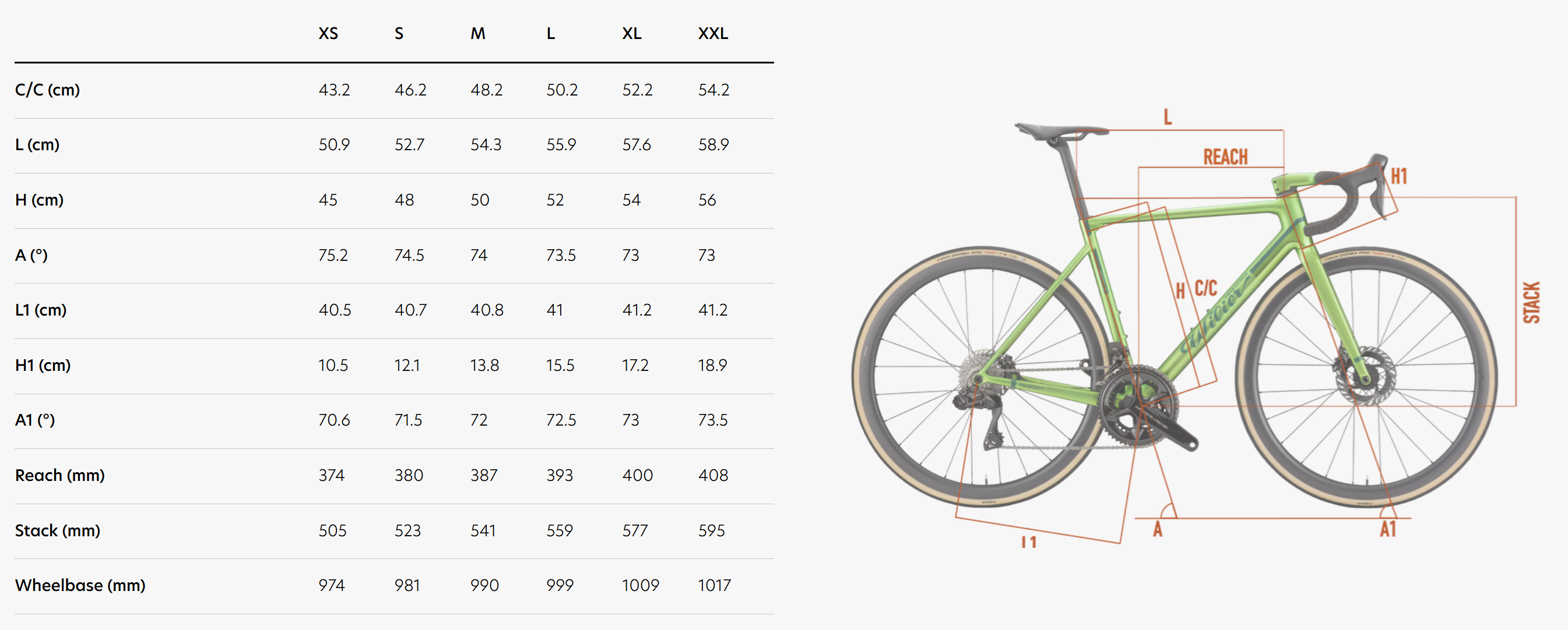 Wilier Verticale SLR 2026 geometry chart
