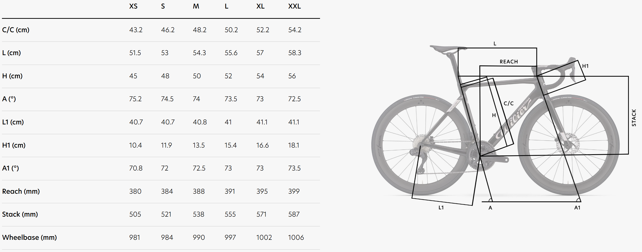 Wilier Filante SLR 2026 geometry chart