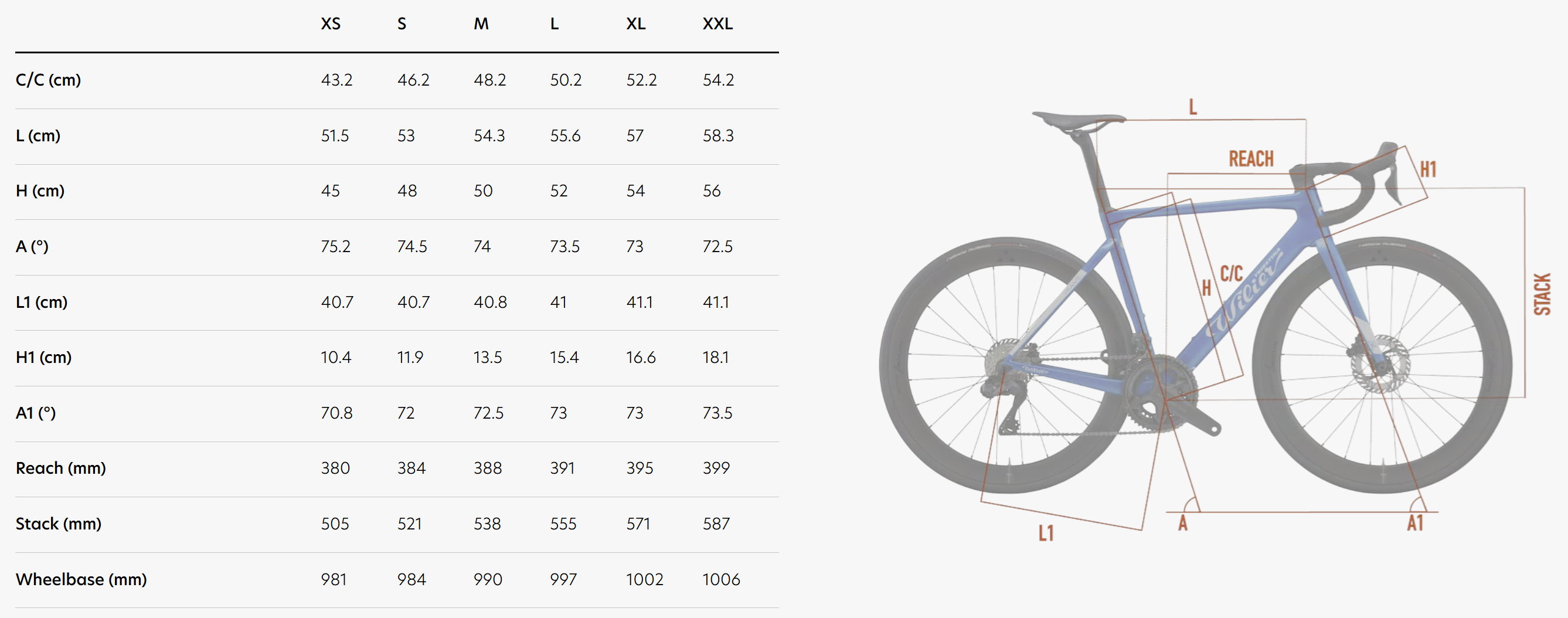 Wilier Filante SL 2026 geometry chart